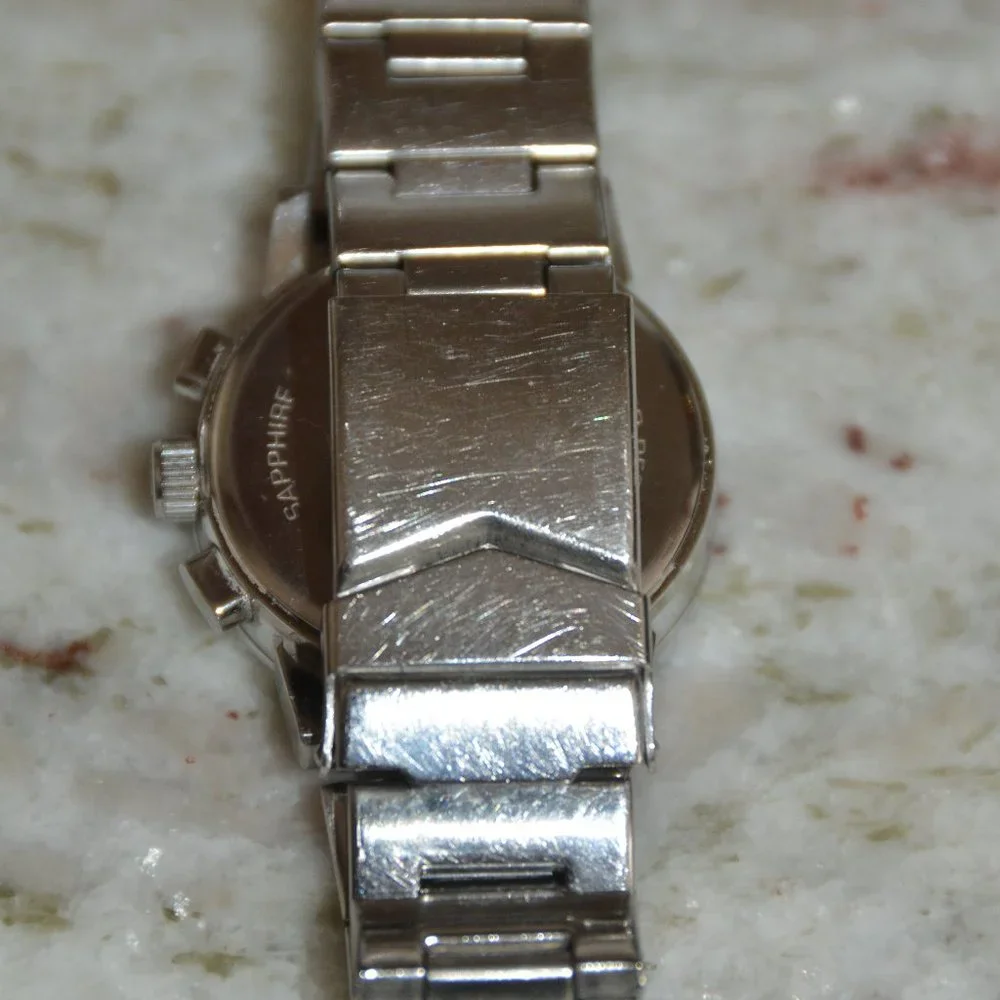 RARE VINTAGE ESTATE MAYORS BIRKS DIAMOND WHITE MOP CHRONOGRAPH SILVER BAND WATCH